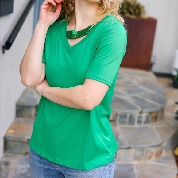 Women’s Asymmetrical Sequins Banded V-Neck Buttery Soft Green Top, short sleeve - Picture 6 of 8
